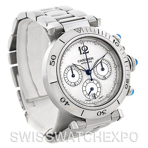 The image shows a front angled view of a Cartier Pasha W31030H3 Women
s Stainless Steel Silver Dial W31030H3 Women
s Stainless Steel Silver Dial watch, highlighting its face, bezel, and wristband.