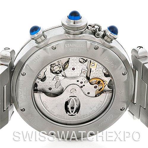The image shows the back view of a Cartier Pasha W31030H3 Women
s Stainless Steel Silver Dial W31030H3 Women
s Stainless Steel Silver Dial watch, highlighting its internal mechanism and stainless steel case.