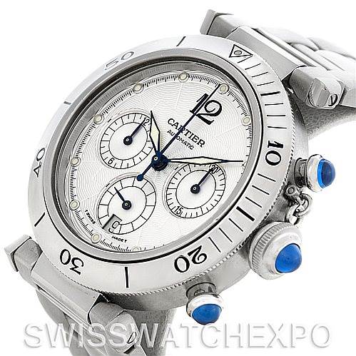 The image shows a close-up angle of the Cartier Pasha W31030H3 Women
s Stainless Steel Silver Dial W31030H3 Women
s Stainless Steel Silver Dial watch displaying the face, bezel, crown, and chronograph pushers.