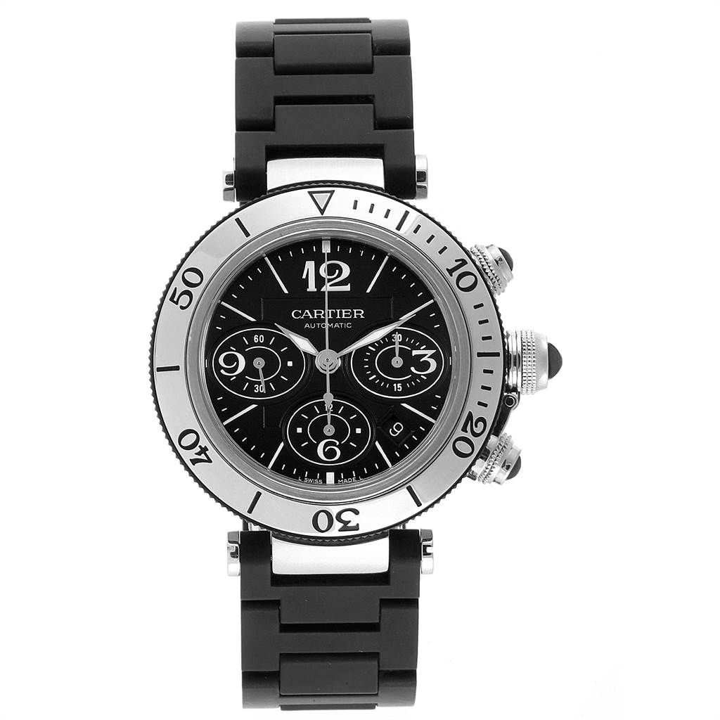 The Cartier Pasha W31088U2 Men's Stainless Steel Black Dial W31088U2 Men's Stainless Steel Black Dial watch is shown from a front angle, displaying its black dial, silver bezel, and black rubber strap.