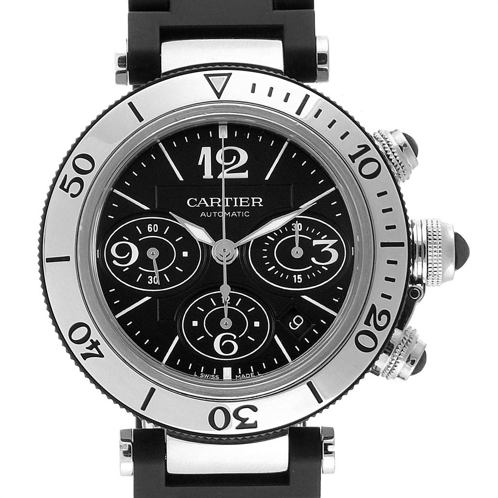 This image shows a front view of the Cartier Pasha W31088U2 Men's Stainless Steel Black Dial W31088U2 Men's Stainless Steel Black Dial model watch, featuring its bezel, dial, and push-buttons.