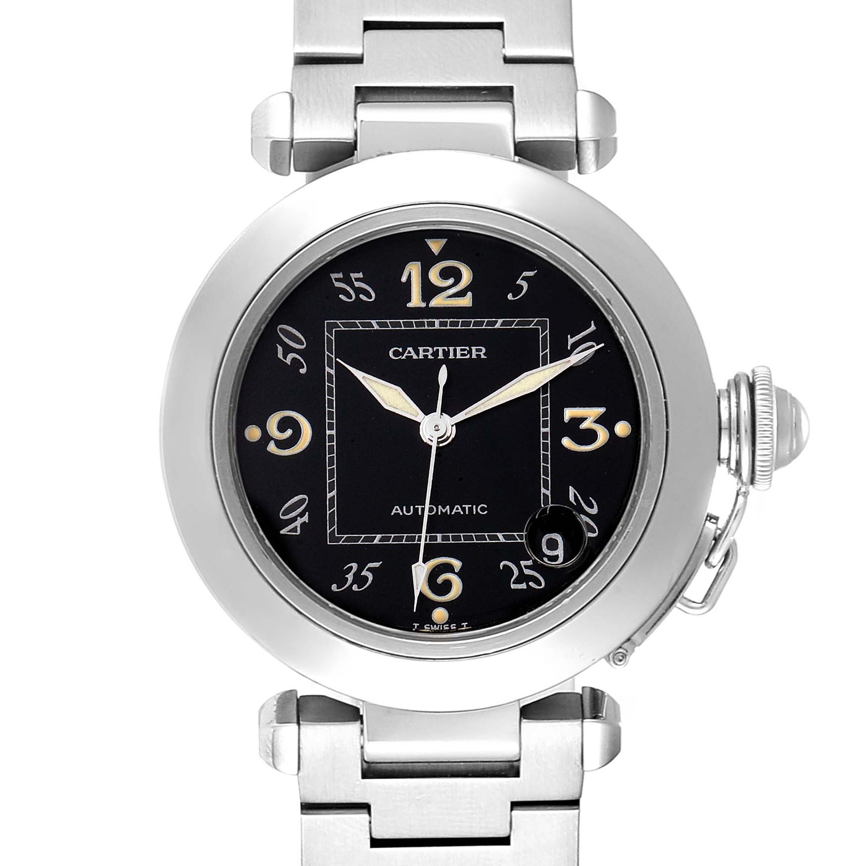 This image shows a front view of the Cartier Pasha W31043M7 Men's Stainless Steel Black Dial W31043M7 Men's Stainless Steel Black Dial watch, highlighting its dial, hands, crown, and bracelet.