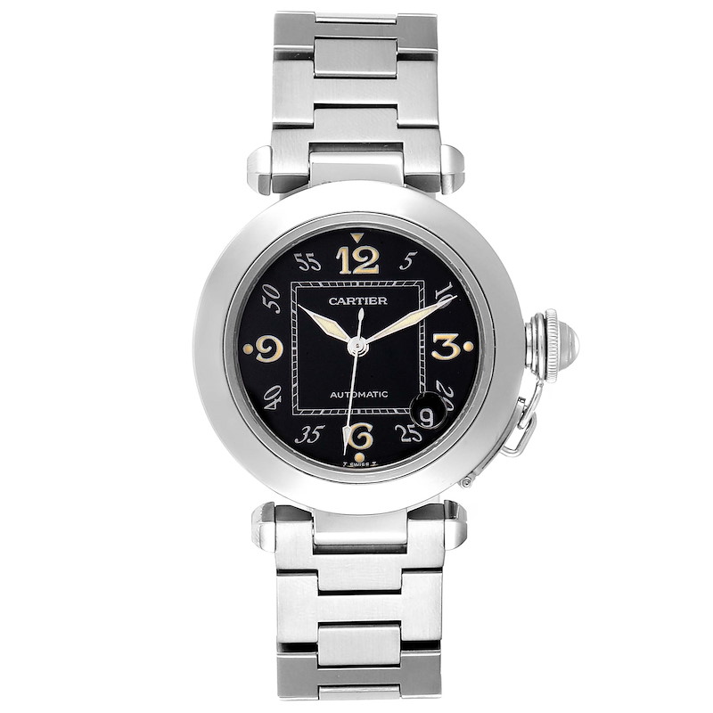 Cartier Pasha C Midsize 35mm Black Dial Steel Mens Watch W31043M7 SwissWatchExpo