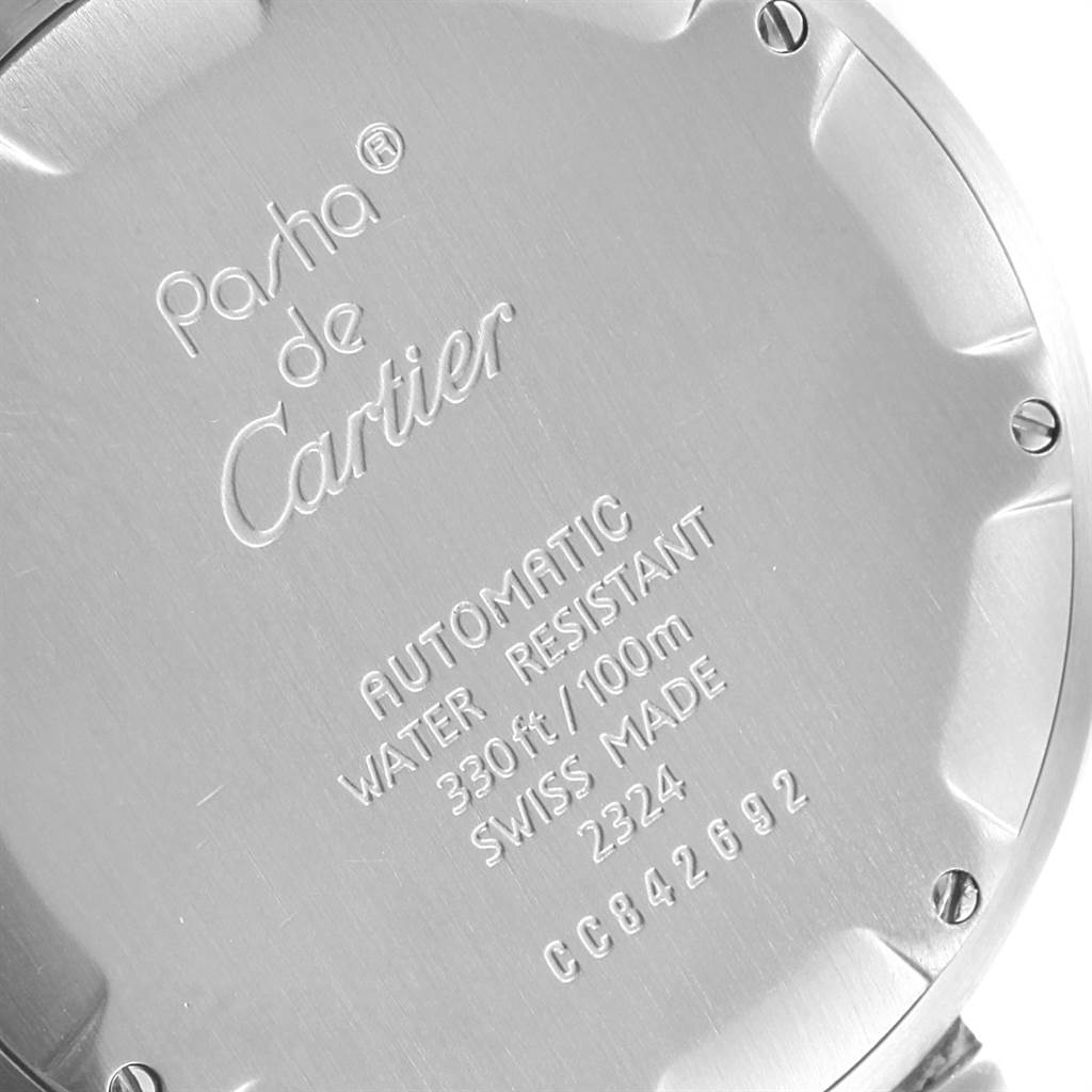 The image shows the back case of a Cartier Pasha W31043M7 Men's Stainless Steel Black Dial W31043M7 Men's Stainless Steel Black Dial watch, displaying its engravings and specifications.