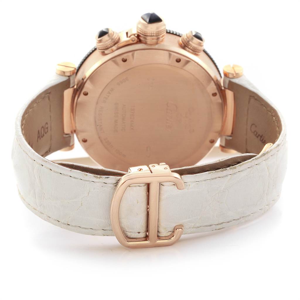 The image shows the back view of a Cartier Pasha W3030018 Men's Rose Gold Black Dial W3030018 Men's Rose Gold Black Dial watch, highlighting its rose gold case, crown, and white leather strap with a "C" buckle.