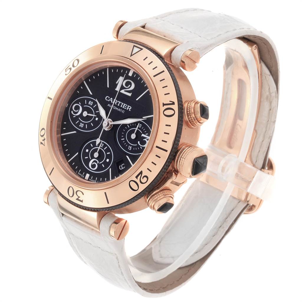 The image shows a Cartier Pasha W3030018 Men's Rose Gold Black Dial W3030018 Men's Rose Gold Black Dial watch from a three-quarter angle, highlighting its face, dials, bezel, crown, and strap.