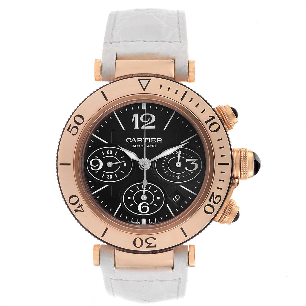 The Cartier Pasha W3030018 Men's Rose Gold Black Dial W3030018 Men's Rose Gold Black Dial watch is shown from the front, displaying the dial, bezel, chronograph subdials, and strap.