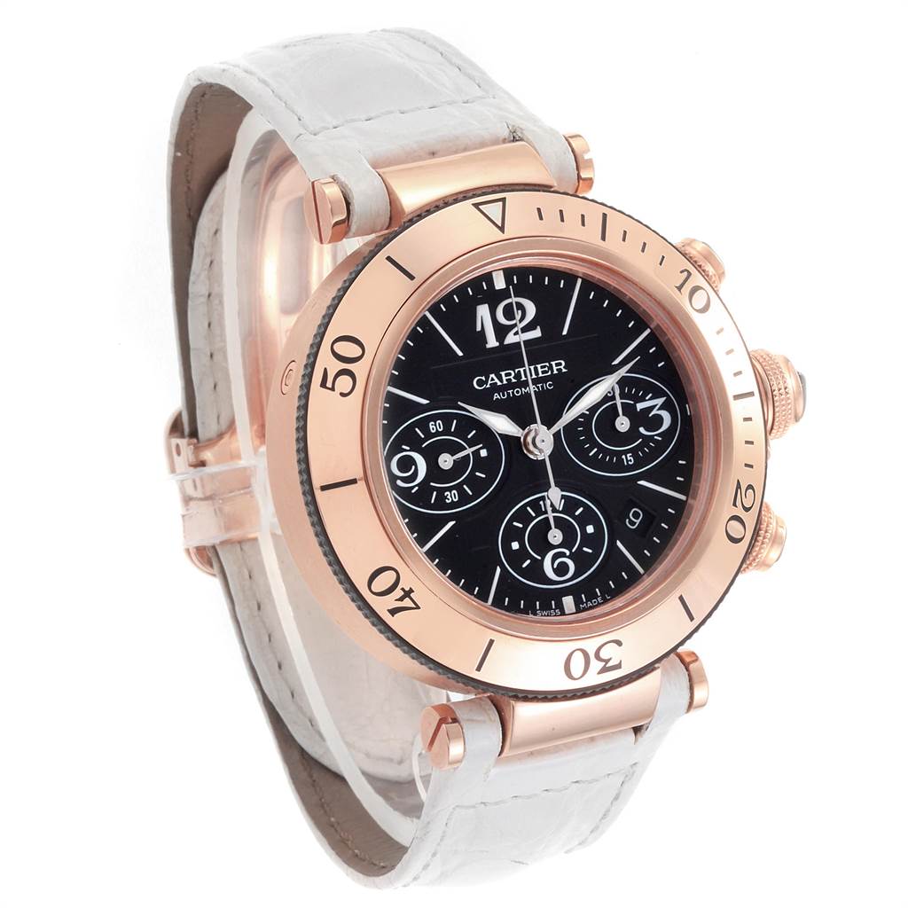 The image shows a Cartier Pasha W3030018 Men's Rose Gold Black Dial W3030018 Men's Rose Gold Black Dial watch at a three-quarter angle, highlighting the dial, bezel, and part of the strap.