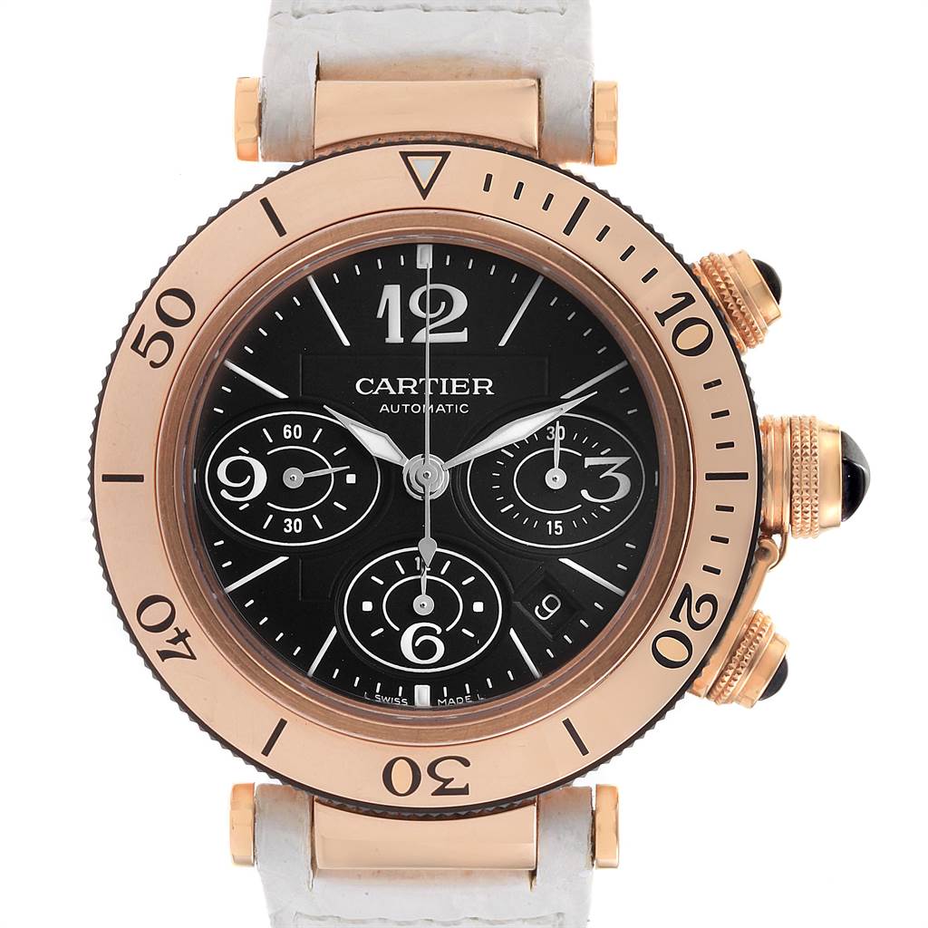 The image shows a front view of the Cartier Pasha W3030018 Men's Rose Gold Black Dial W3030018 Men's Rose Gold Black Dial model watch, highlighting the face, bezel, and crown.