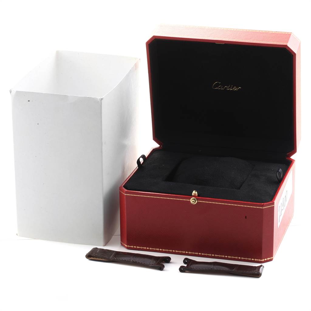 The image shows a Cartier Pasha W3030018 Men's Rose Gold Black Dial W3030018 Men's Rose Gold Black Dial watch box with empty slots and two leather straps on the side.