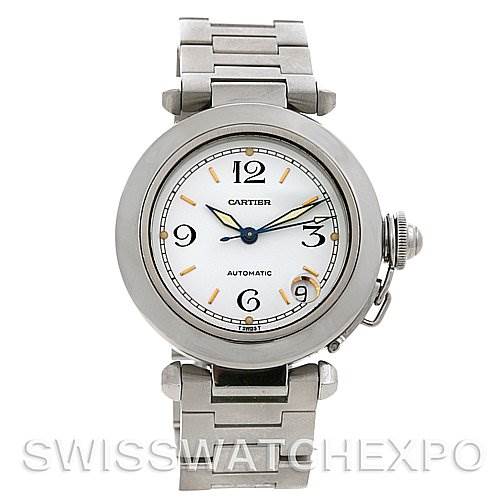 The image shows a front view of a Cartier Pasha W31074M7 Stainless Steel Silver Dial W31074M7 Stainless Steel Silver Dial watch, highlighting its face, bezel, and bracelet.