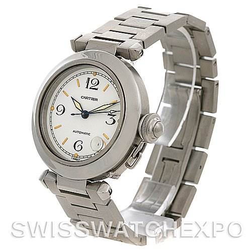 This image shows a Cartier Pasha W31074M7 Stainless Steel Silver Dial W31074M7 Stainless Steel Silver Dial watch at an angle highlighting the watch face, bezel, crown, and bracelet.