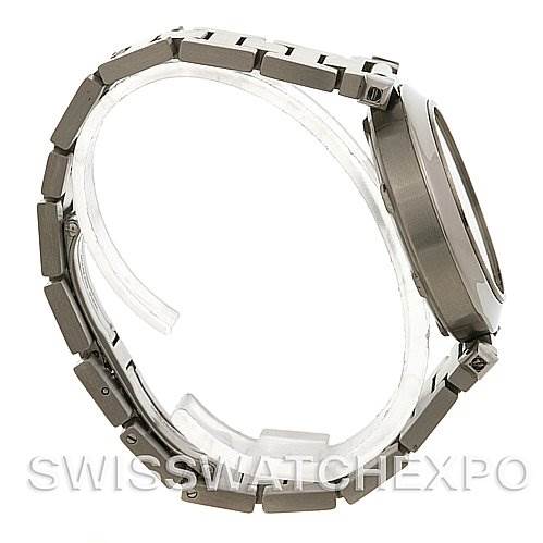 This image shows a side view of a Cartier Pasha W31074M7 Stainless Steel Silver Dial W31074M7 Stainless Steel Silver Dial watch, highlighting the band and watch case.