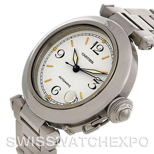 This image showcases the Cartier Pasha W31074M7 Stainless Steel Silver Dial W31074M7 Stainless Steel Silver Dial model from an angled perspective, highlighting the dial, crown, and part of the bracelet.