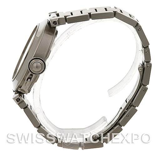 Side view of a Cartier Pasha W31074M7 Stainless Steel Silver Dial W31074M7 Stainless Steel Silver Dial model watch, displaying its bracelet and crown.