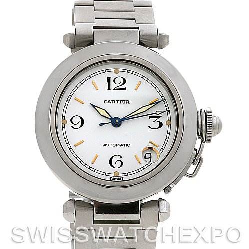 The image shows a frontal view of the Cartier Pasha W31074M7 Stainless Steel Silver Dial W31074M7 Stainless Steel Silver Dial watch, including the face, bezel, bracelet, and crown.