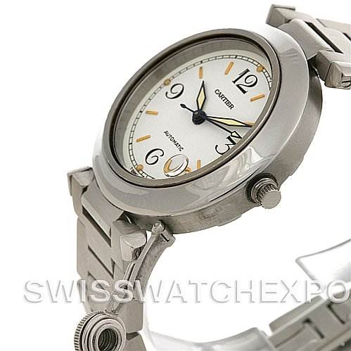 This image shows the side profile of the Cartier Pasha W31074M7 Stainless Steel Silver Dial W31074M7 Stainless Steel Silver Dial watch, highlighting its face, bezel, crown, and bracelet.