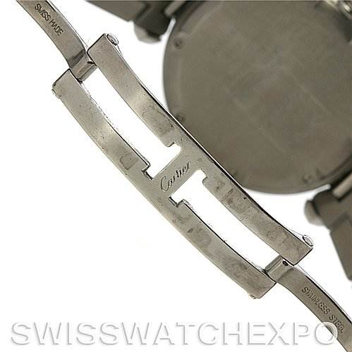 The image shows the clasp and part of the bracelet of the Cartier Pasha W31074M7 Stainless Steel Silver Dial W31074M7 Stainless Steel Silver Dial watch, highlighting the "Cartier" engraving and stainless steel parts.