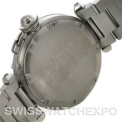 The image shows the back case and strap of a Cartier Pasha W31074M7 Stainless Steel Silver Dial W31074M7 Stainless Steel Silver Dial watch from an angled rear view.