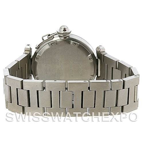 This image shows the back view of a Cartier Pasha W31074M7 Stainless Steel Silver Dial W31074M7 Stainless Steel Silver Dial watch, highlighting its stainless steel bracelet and caseback.