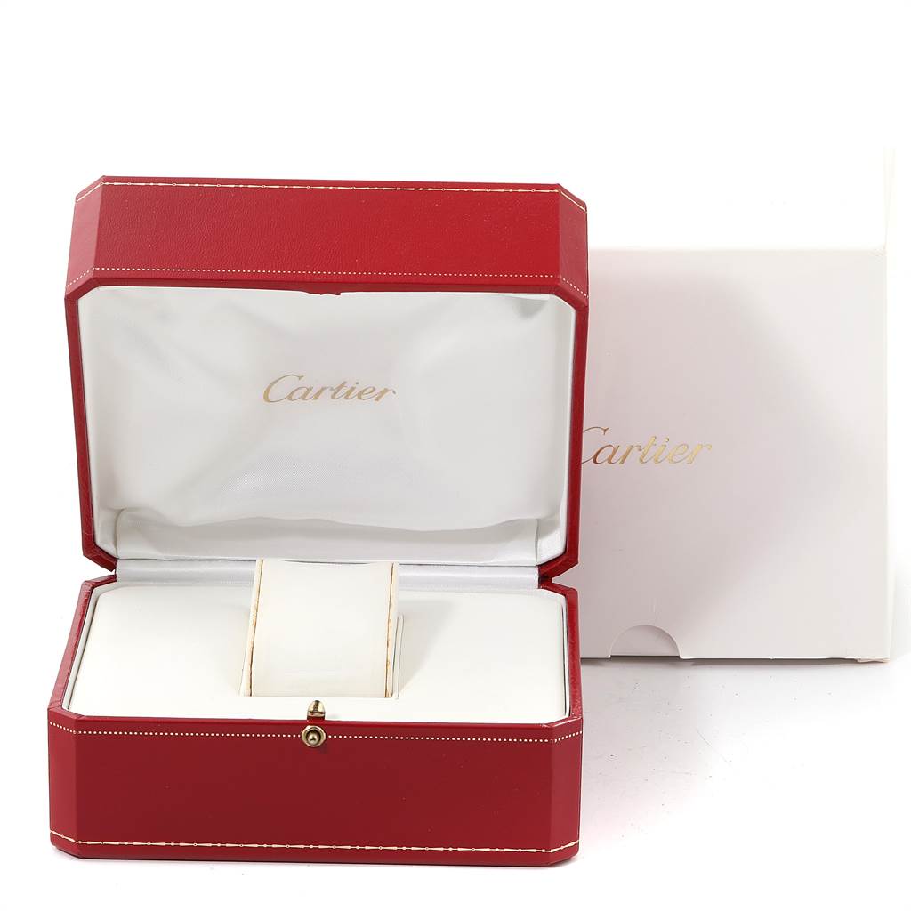 The image shows an open Cartier Pasha W3103755 Men's Stainless Steel Silver Dial W3103755 Men's Stainless Steel Silver Dial watch box at a straight-on angle, displaying its interior.