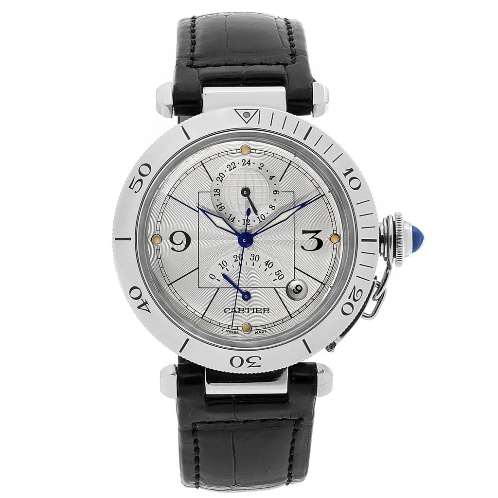 This image shows the front view of a Cartier Pasha W3103755 Men's Stainless Steel Silver Dial W3103755 Men's Stainless Steel Silver Dial watch with a black leather strap and detailed dial display.