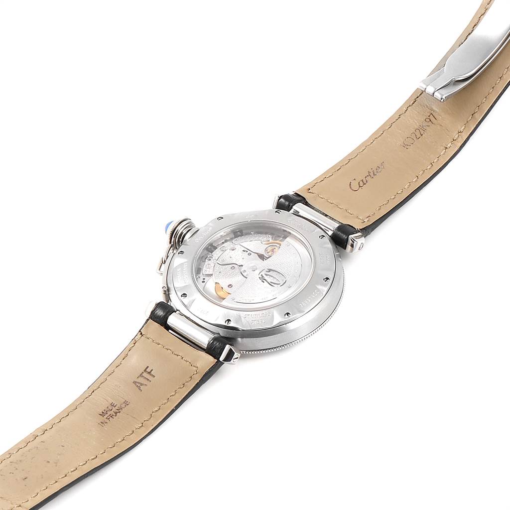 The image shows the back of the Cartier Pasha W3103755 Men's Stainless Steel Silver Dial W3103755 Men's Stainless Steel Silver Dial watch, highlighting the movement through a transparent case back and leather straps.