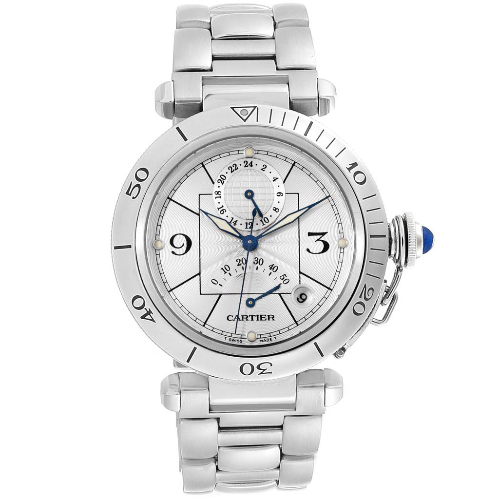 This image shows a front view of a Cartier Pasha W31037H3 Men's Stainless Steel Silver Dial W31037H3 Men's Stainless Steel Silver Dial watch displaying its dial, bezel, and metal bracelet.