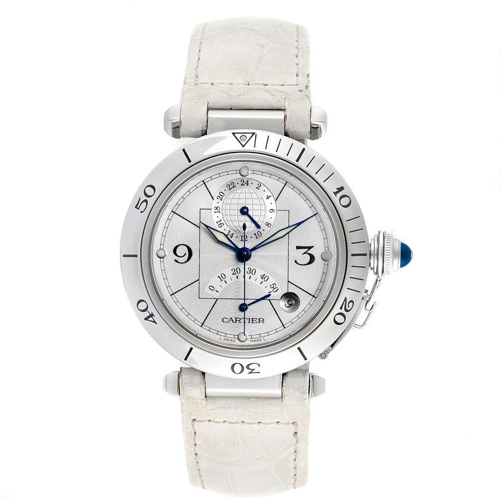 The image shows a front-facing view of the Cartier Pasha W3103755 Men's Stainless Steel Silver Dial W3103755 Men's Stainless Steel Silver Dial watch, featuring its dial, bezel, and strap.