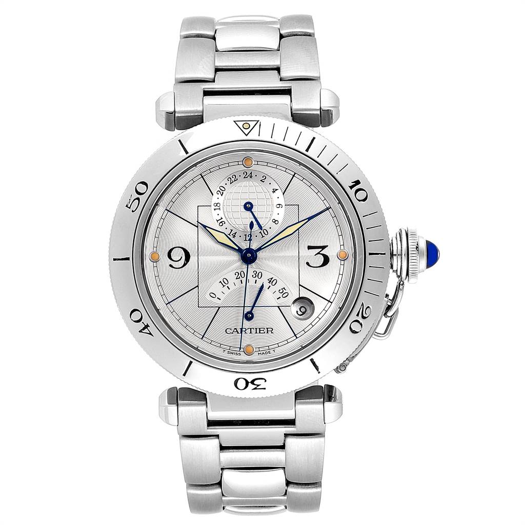 This image shows a Cartier Pasha W31037H3 Men's Stainless Steel Silver Dial W31037H3 Men's Stainless Steel Silver Dial watch, captured from the front, displaying its dial, bezel, and stainless steel bracelet.
