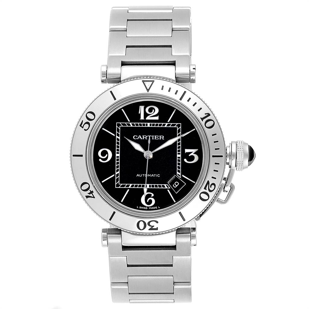 This image showcases a front view of the Pasha model by Cartier, displaying its dial, bezel, and metal bracelet.