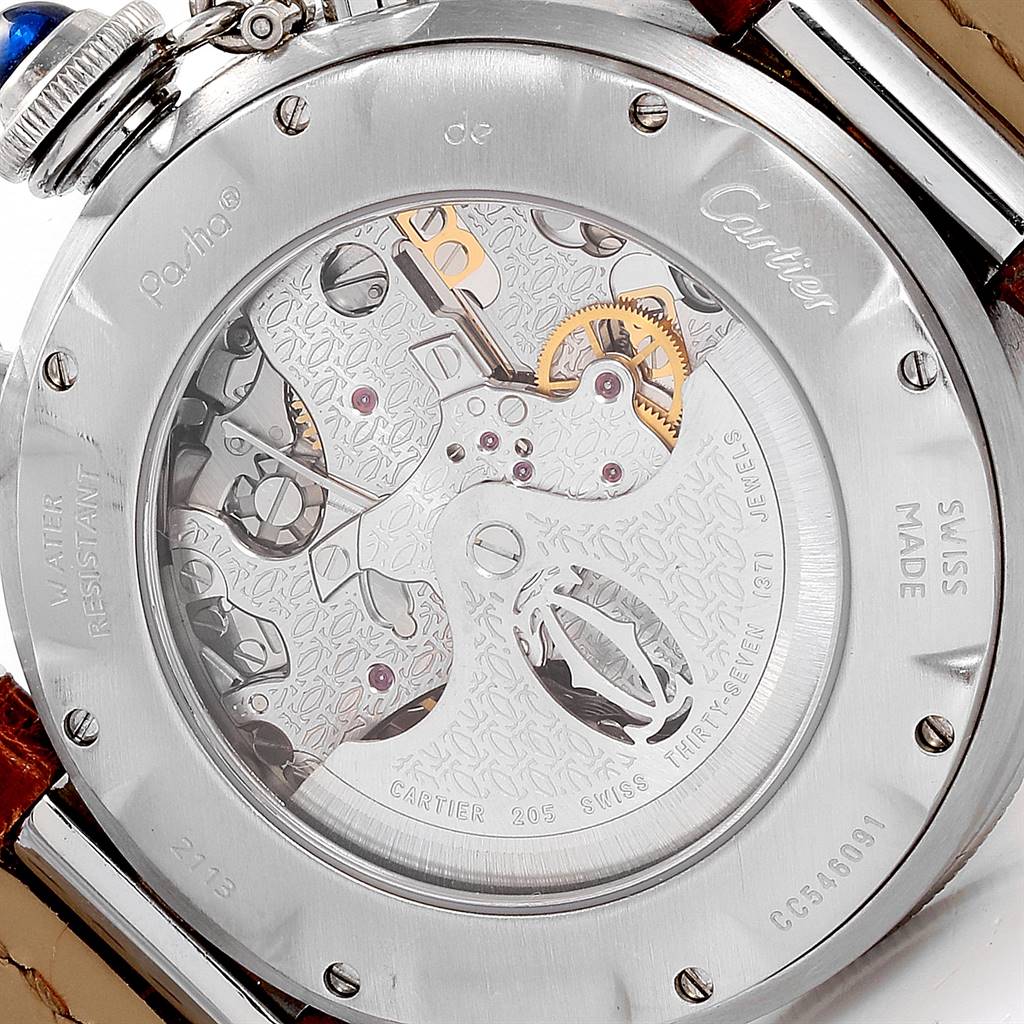 This image shows the back view of the Cartier Pasha W3103055 Men
s Stainless Steel Silver Dial W3103055 Men
s Stainless Steel Silver Dial watch, highlighting its inner mechanical components.