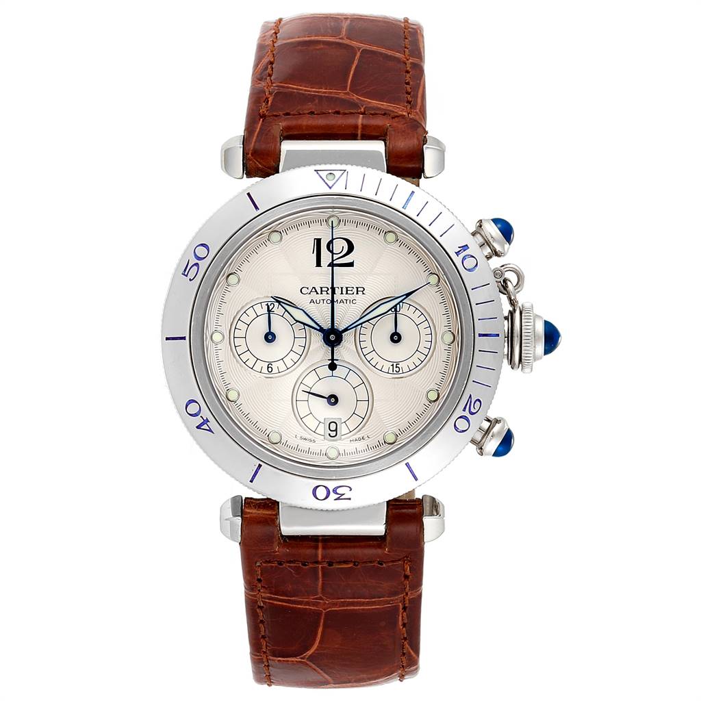 The image shows a front view of a Cartier Pasha W3103055 Men
s Stainless Steel Silver Dial W3103055 Men
s Stainless Steel Silver Dial watch with a brown leather strap, silver case, and blue accents on the crown and pushers.