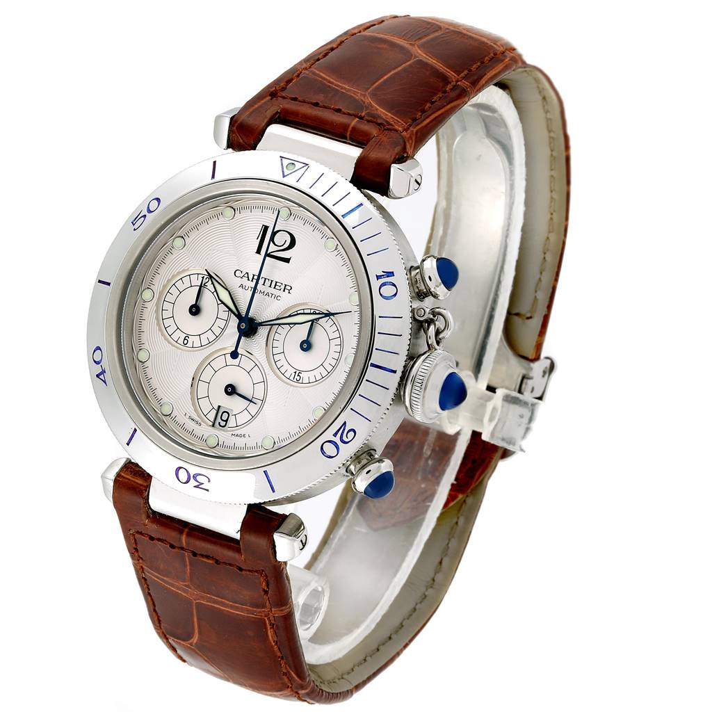 This Cartier Pasha W3103055 Men
s Stainless Steel Silver Dial W3103055 Men
s Stainless Steel Silver Dial watch is shown at a three-quarter angle displaying the face, bezel, and brown leather strap.