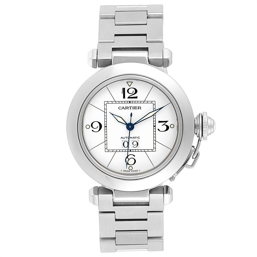 This image shows a front view of a Cartier Pasha W31055M7 Men's Stainless Steel White Dial W31055M7 Men's Stainless Steel White Dial watch, featuring its face, bracelet, and crown.