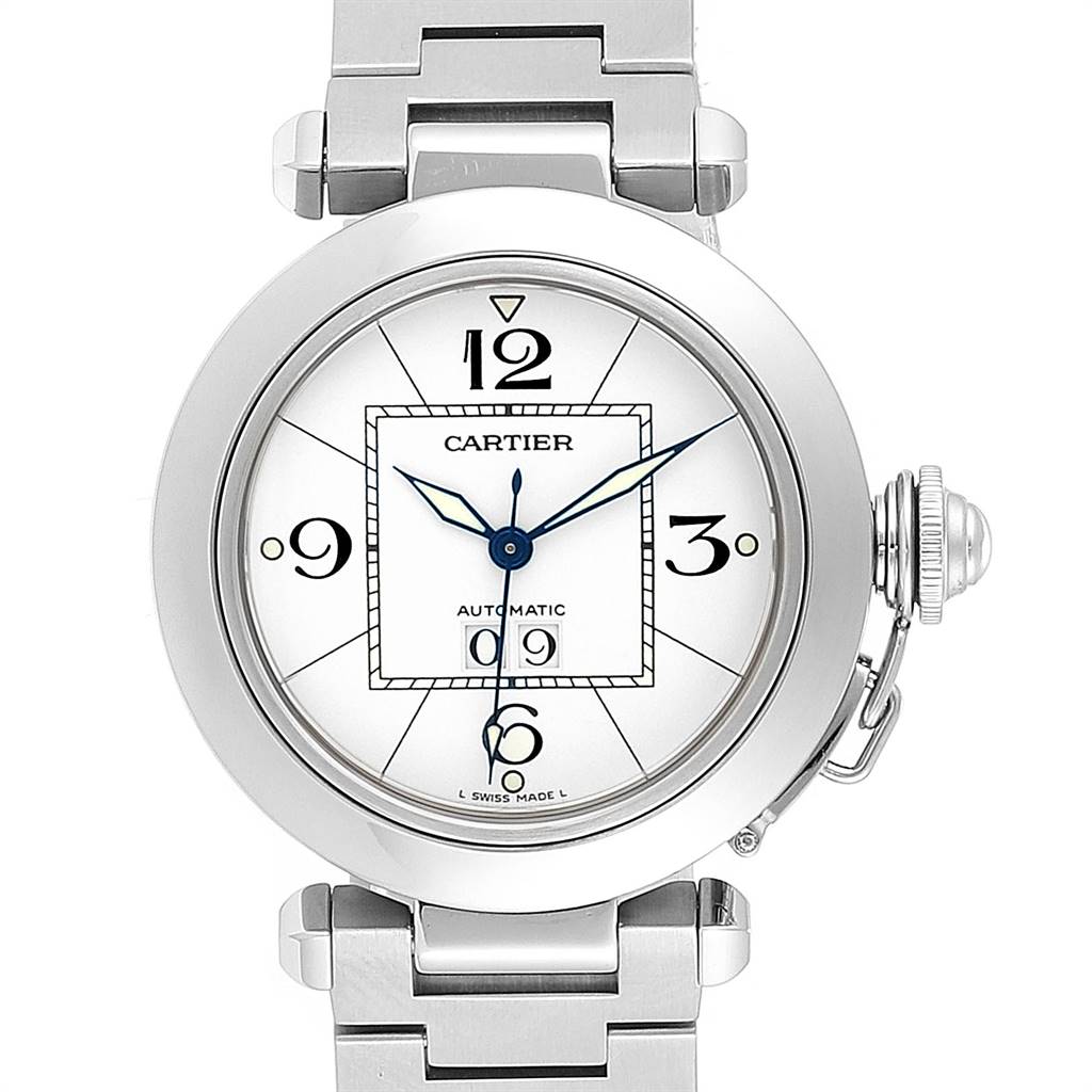 The image shows a front view of a Cartier Pasha W31055M7 Men's Stainless Steel White Dial W31055M7 Men's Stainless Steel White Dial watch, highlighting its face, bezel, lugs, and part of the bracelet.
