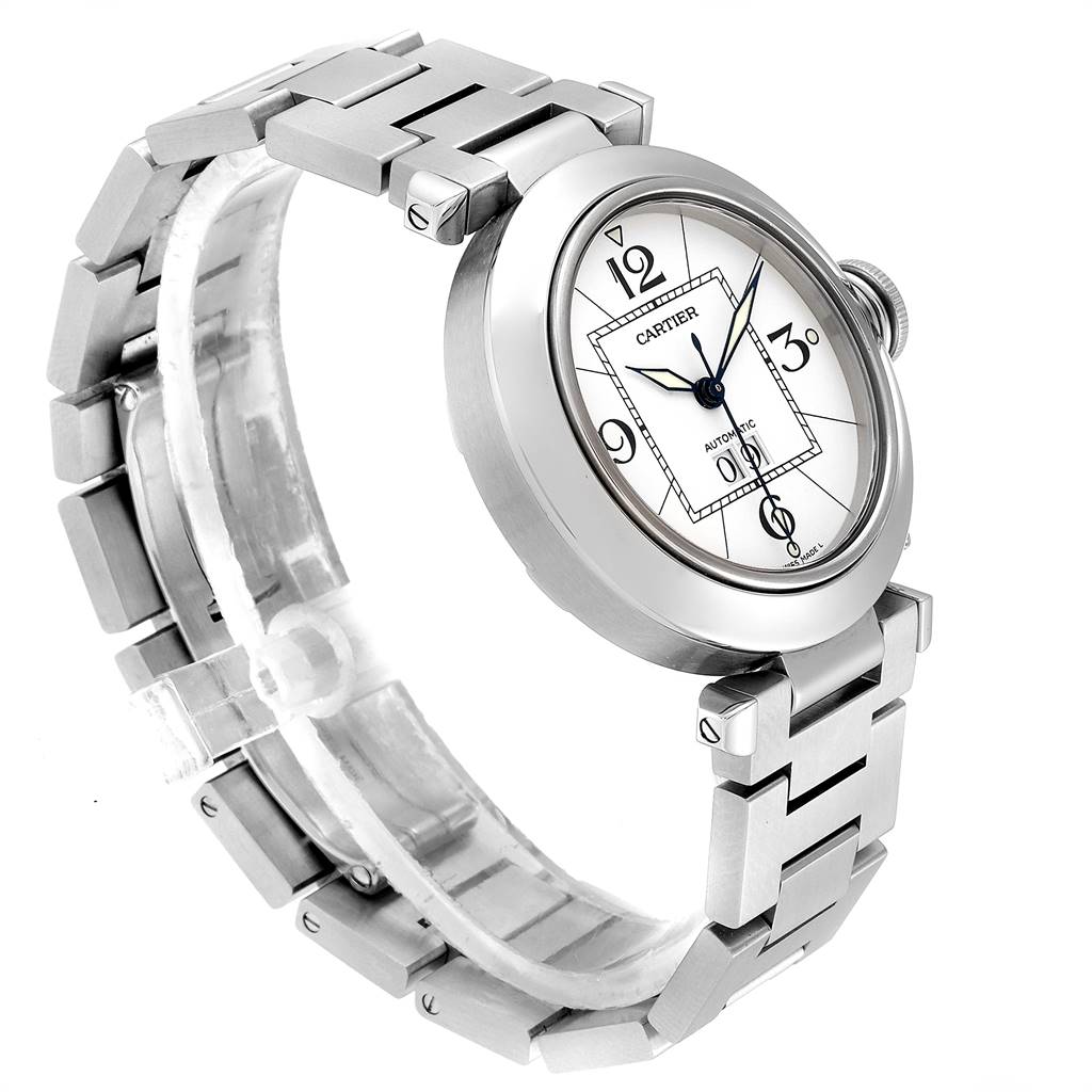 The Cartier Pasha W31055M7 Men's Stainless Steel White Dial W31055M7 Men's Stainless Steel White Dial watch is shown at a slightly tilted angle, highlighting its face, bracelet, and crown.