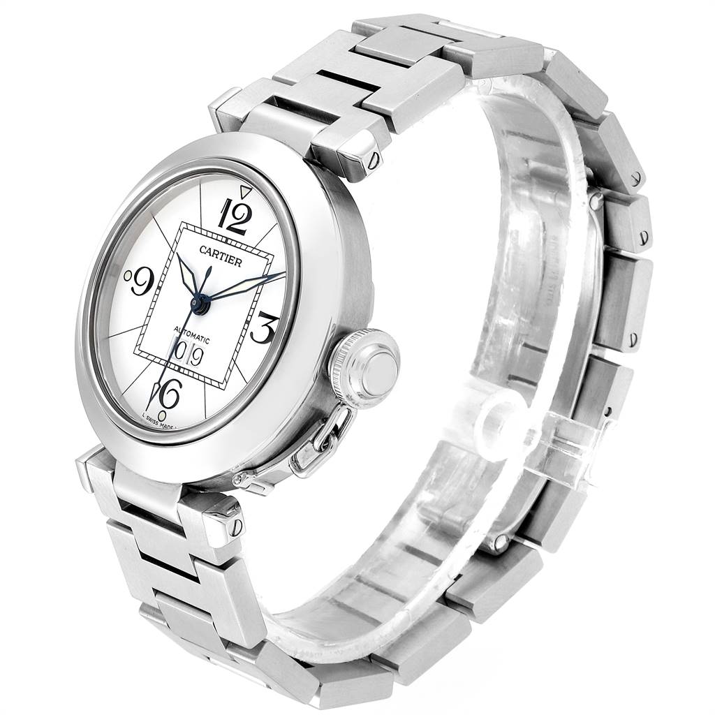 The image shows a Cartier Pasha W31055M7 Men's Stainless Steel White Dial W31055M7 Men's Stainless Steel White Dial watch at an angle, highlighting the face, bezel, crown, and metal bracelet.
