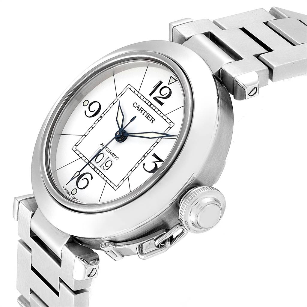 This is an angled view of the face and bracelet of the Cartier Pasha W31055M7 Men's Stainless Steel White Dial W31055M7 Men's Stainless Steel White Dial model watch.