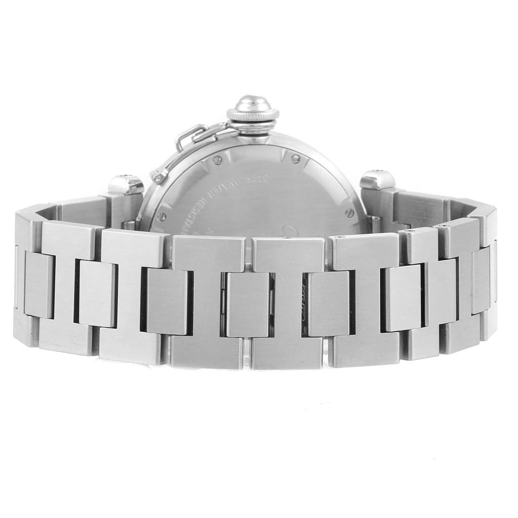 The image shows the back and bracelet of a Cartier Pasha W31055M7 Men's Stainless Steel White Dial W31055M7 Men's Stainless Steel White Dial watch viewed from the rear angle.