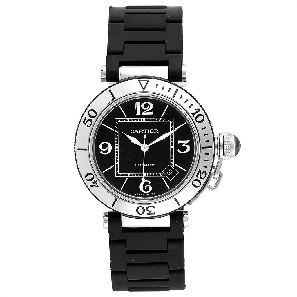 The image shows a frontal view of the Cartier Pasha W31077U2 Men's Stainless Steel Black Dial W31077U2 Men's Stainless Steel Black Dial watch, highlighting its black dial, stainless steel bezel, and black strap.