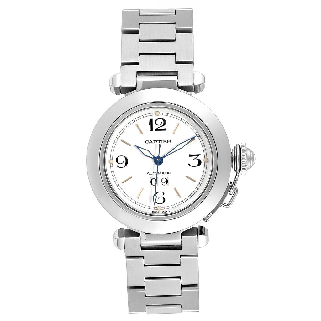 The Cartier Pasha W31044M7 Men's Stainless Steel White Dial W31044M7 Men's Stainless Steel White Dial watch is shown from a front angle, displaying the dial, casing, and metallic strap.