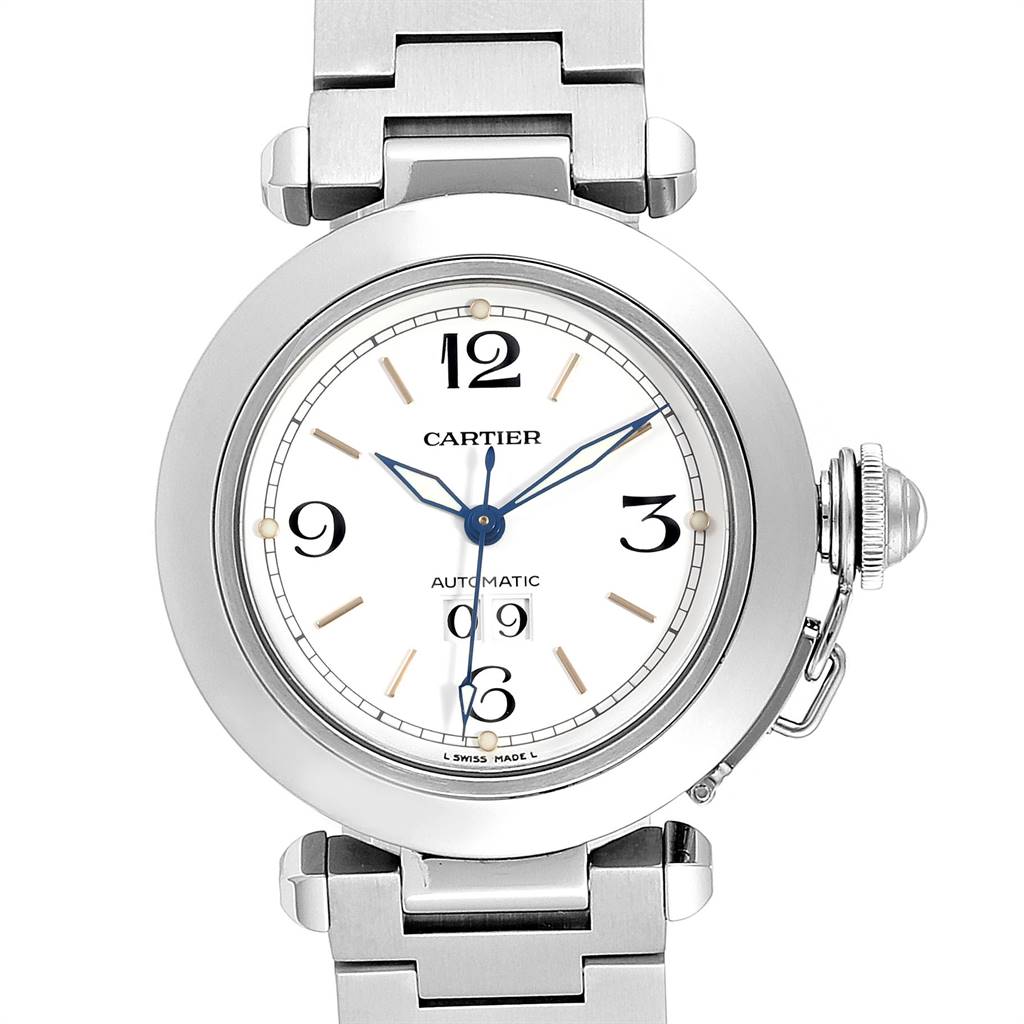 This image shows a front view of the Cartier Pasha W31044M7 Men's Stainless Steel White Dial W31044M7 Men's Stainless Steel White Dial watch, highlighting its face, bezel, bracelet, and crown.