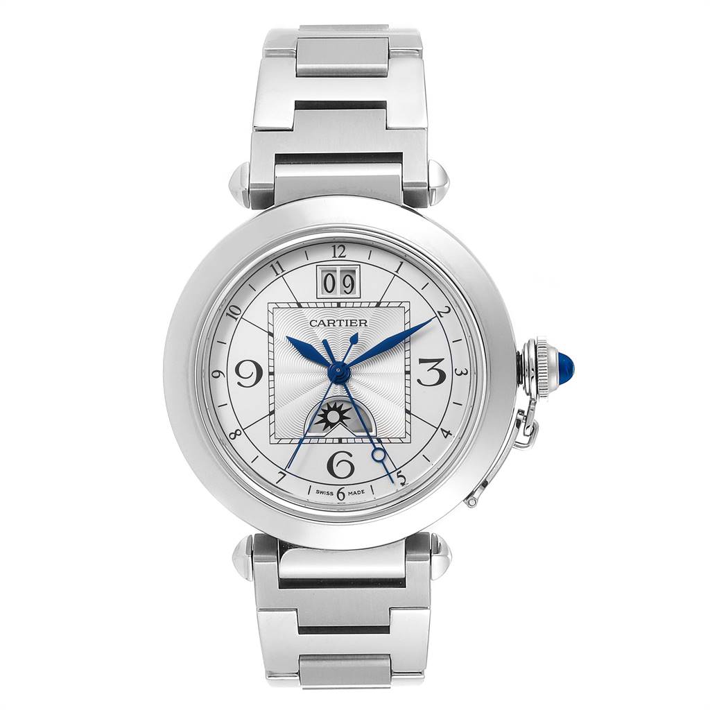 The image shows a front view of the Cartier Pasha W31093M7 Men's Stainless Steel Silver Dial W31093M7 Men's Stainless Steel Silver Dial watch, displaying the dial, bezel, and part of the bracelet.