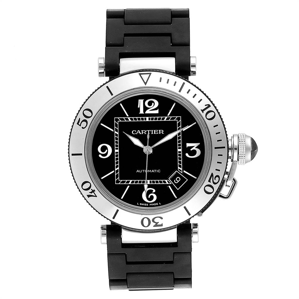This is a front view of the Cartier Pasha W31077U2 Men
s Stainless Steel Black Dial W31077U2 Men
s Stainless Steel Black Dial watch, showcasing the dial, bezel, and strap.
