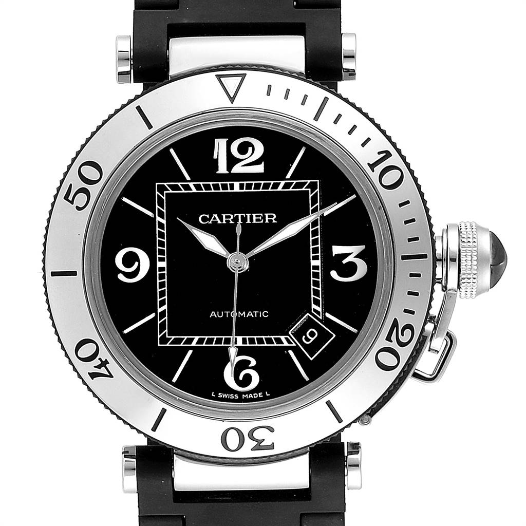 This image shows a front view of the Cartier Pasha W31077U2 Men
s Stainless Steel Black Dial W31077U2 Men
s Stainless Steel Black Dial model watch, highlighting the dial, bezel, and part of the strap.