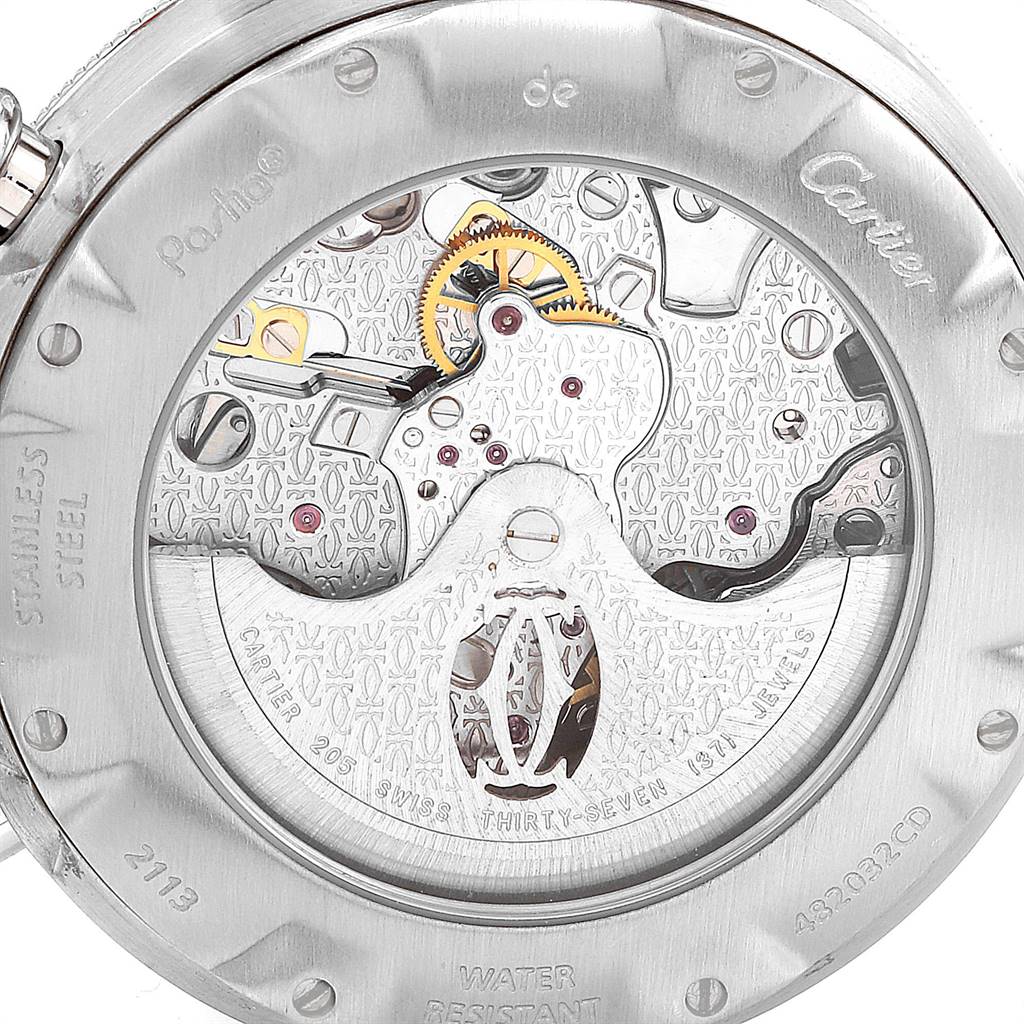 This image shows the back view of a Cartier Pasha W31030H3 Men's Stainless Steel Silver Dial W31030H3 Men's Stainless Steel Silver Dial watch, displaying its intricate movement and inner workings.