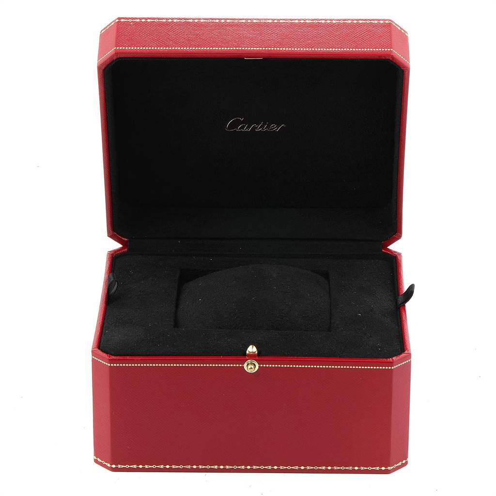 The image shows an open Cartier watch box, likely for the Pasha model, displaying the empty watch cushion and Cartier logo inside the lid.