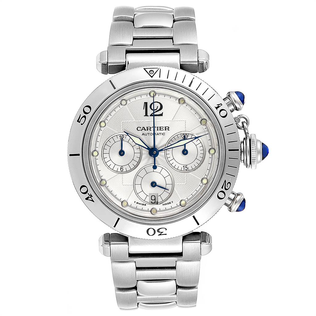 This image shows a frontal view of the Cartier Pasha W31030H3 Men's Stainless Steel Silver Dial W31030H3 Men's Stainless Steel Silver Dial watch, highlighting the face, bezel, dials, and bracelet with crown.