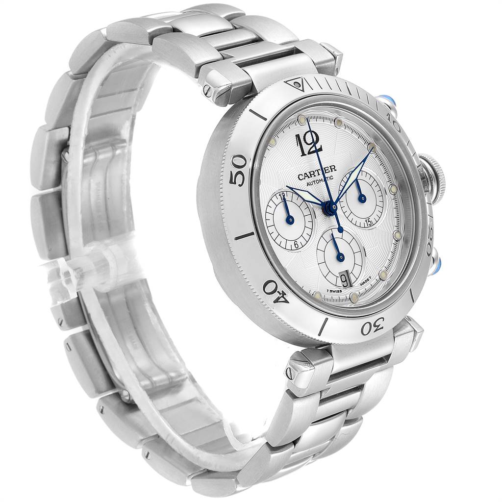 The image shows a Cartier Pasha W31030H3 Men's Stainless Steel Silver Dial W31030H3 Men's Stainless Steel Silver Dial watch at an angled side view, highlighting its stainless steel bracelet, bezel, and chronograph dial.